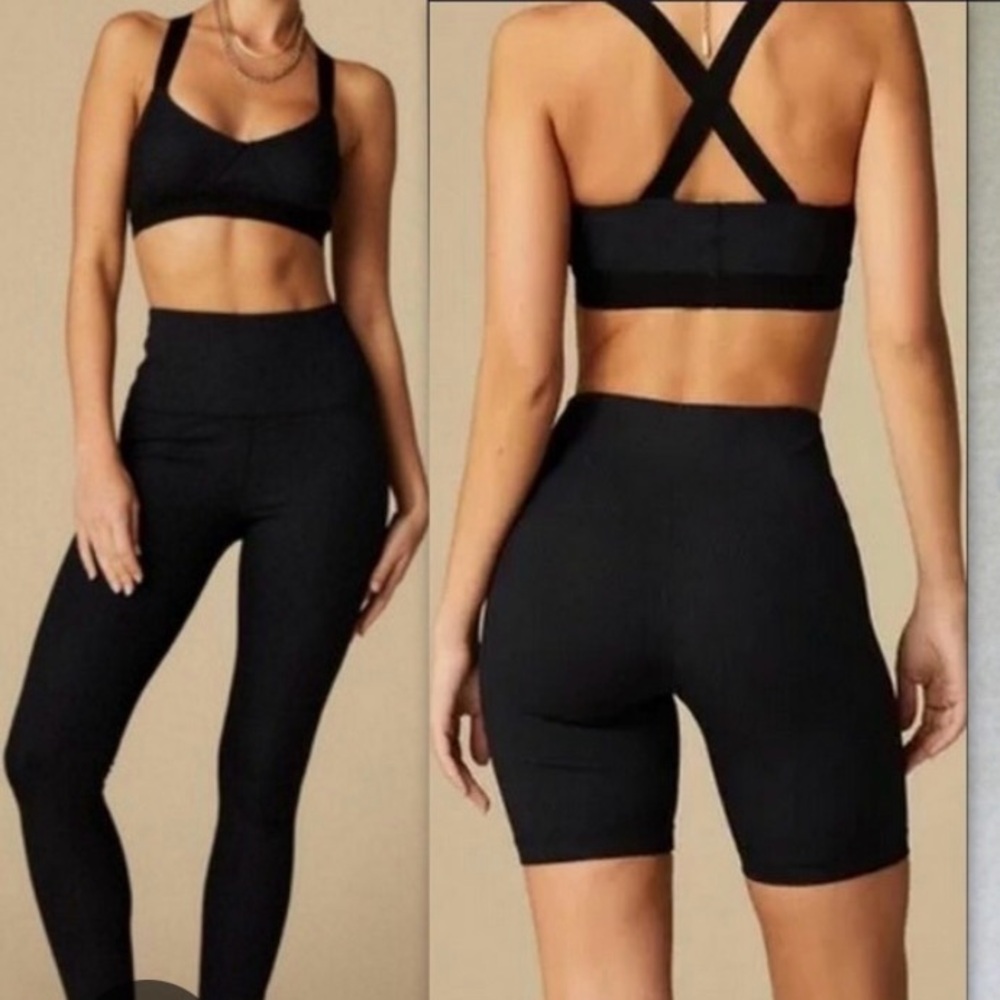 Tan Lines Black Ribbed Sports Bra, leggings, and short set